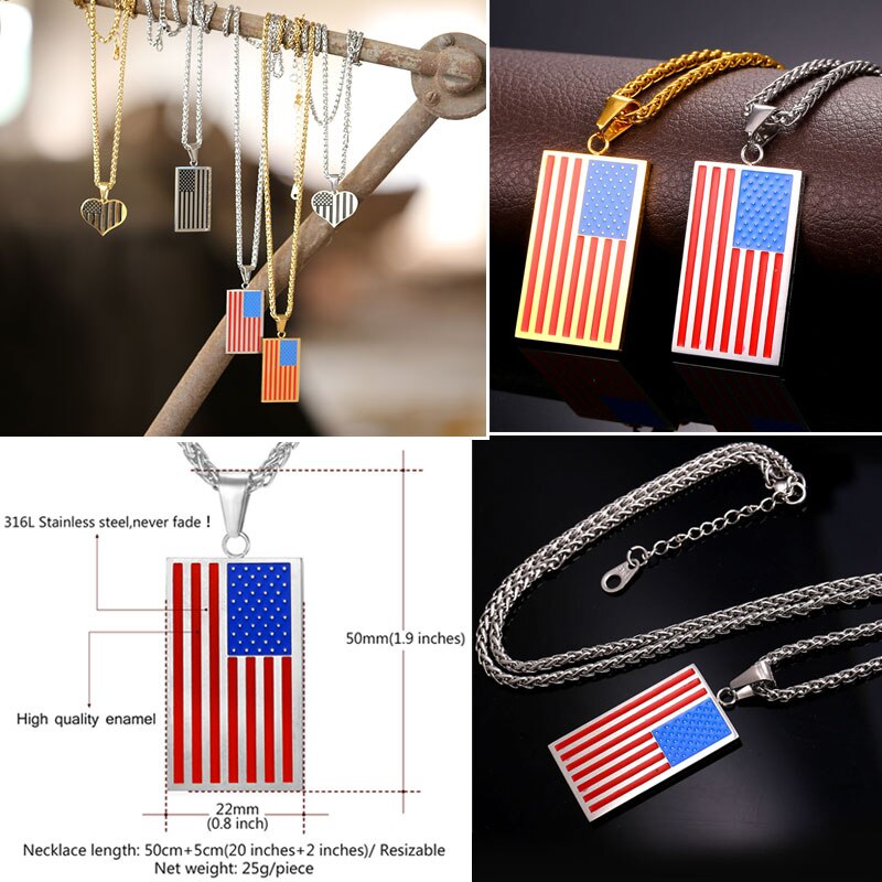 Stainless Steel American Flag USA Patriot Dog Tag Pendant Necklaces & keychains